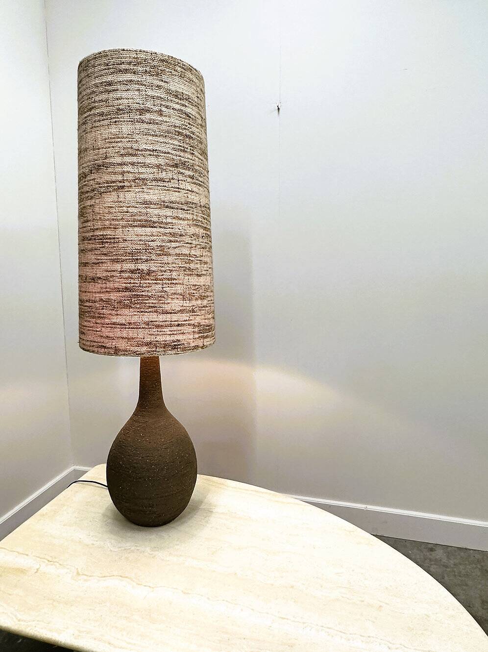Vintage XL ceramic floor lamp with textured wool shade, 1970s. France