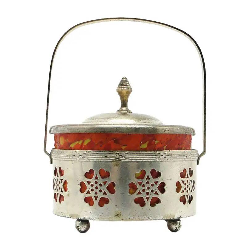 Art Nouveau sugar bowl, silver-plated brass, orange glass, Germany, early 20th century