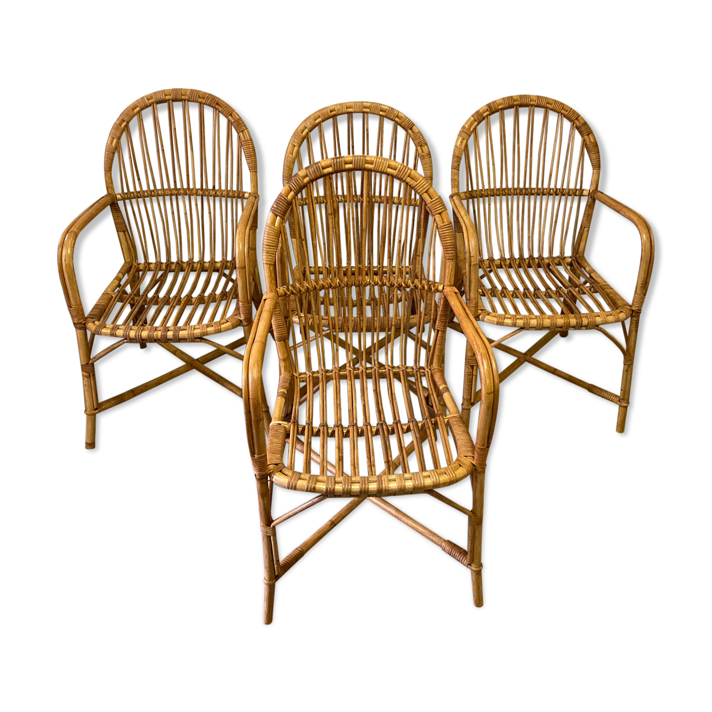 Série de 4 fauteuils rotin vintage