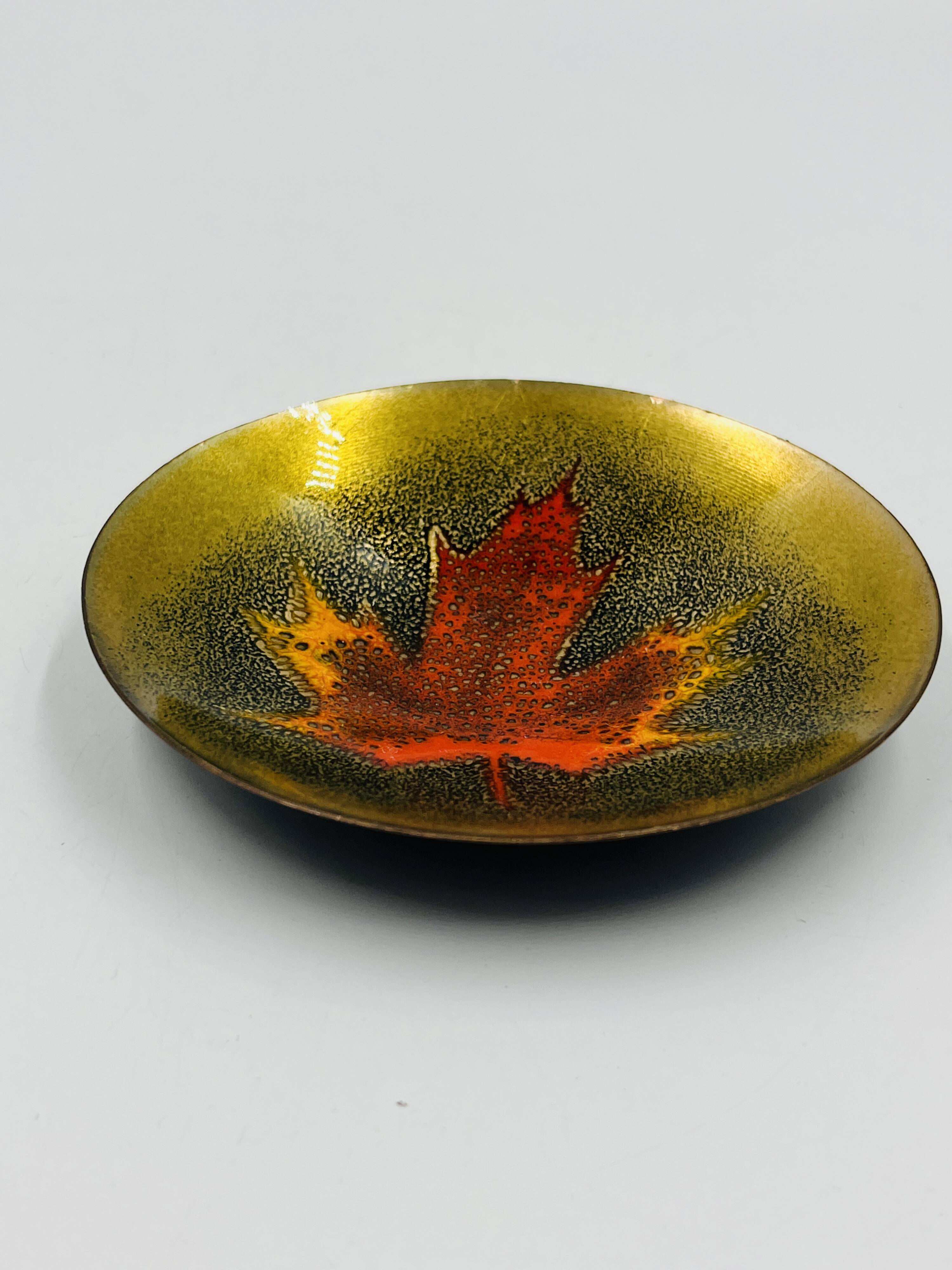 Enamelled catchall leaf signed Jules Perrier artisan Quebec