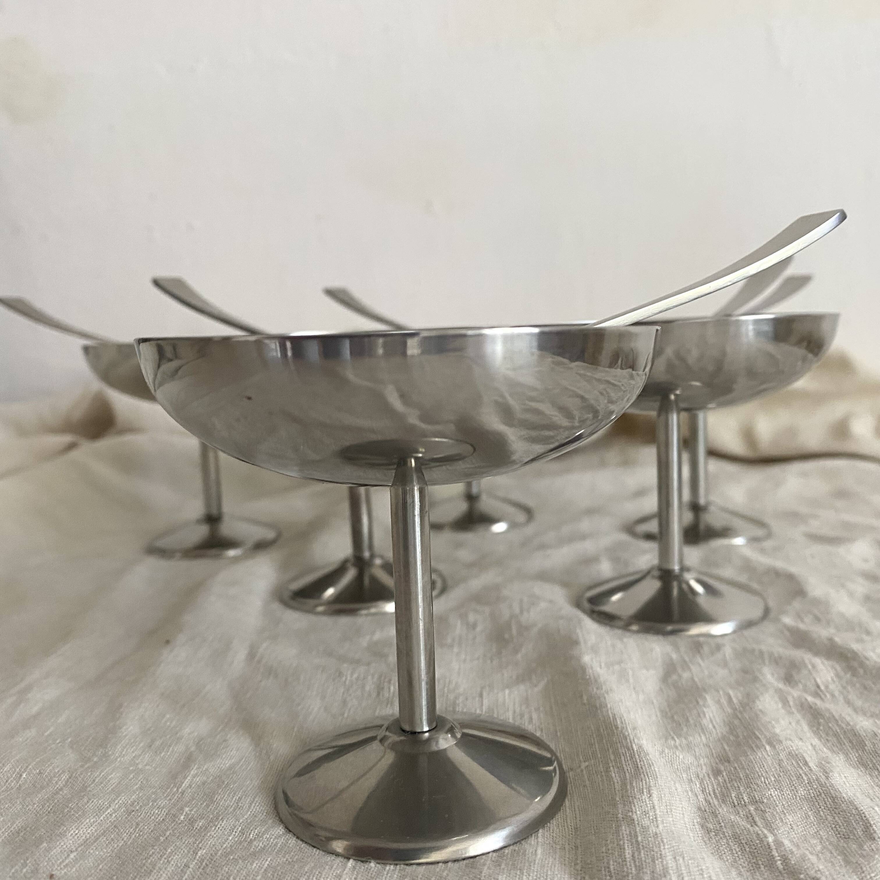 Stainless steel ice cream cups on foot with spoons