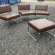 Set of 3 vintage 70s armchairs + pouffe – Brown faux leather