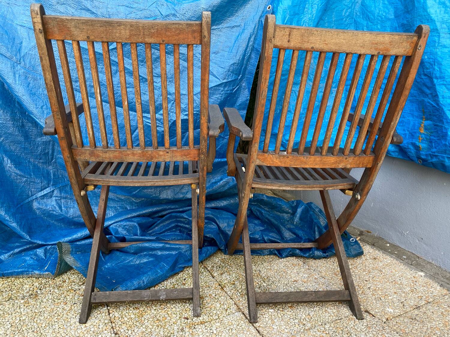 Set of 4 folding chairs/armchairs with armrests in exotic wood
