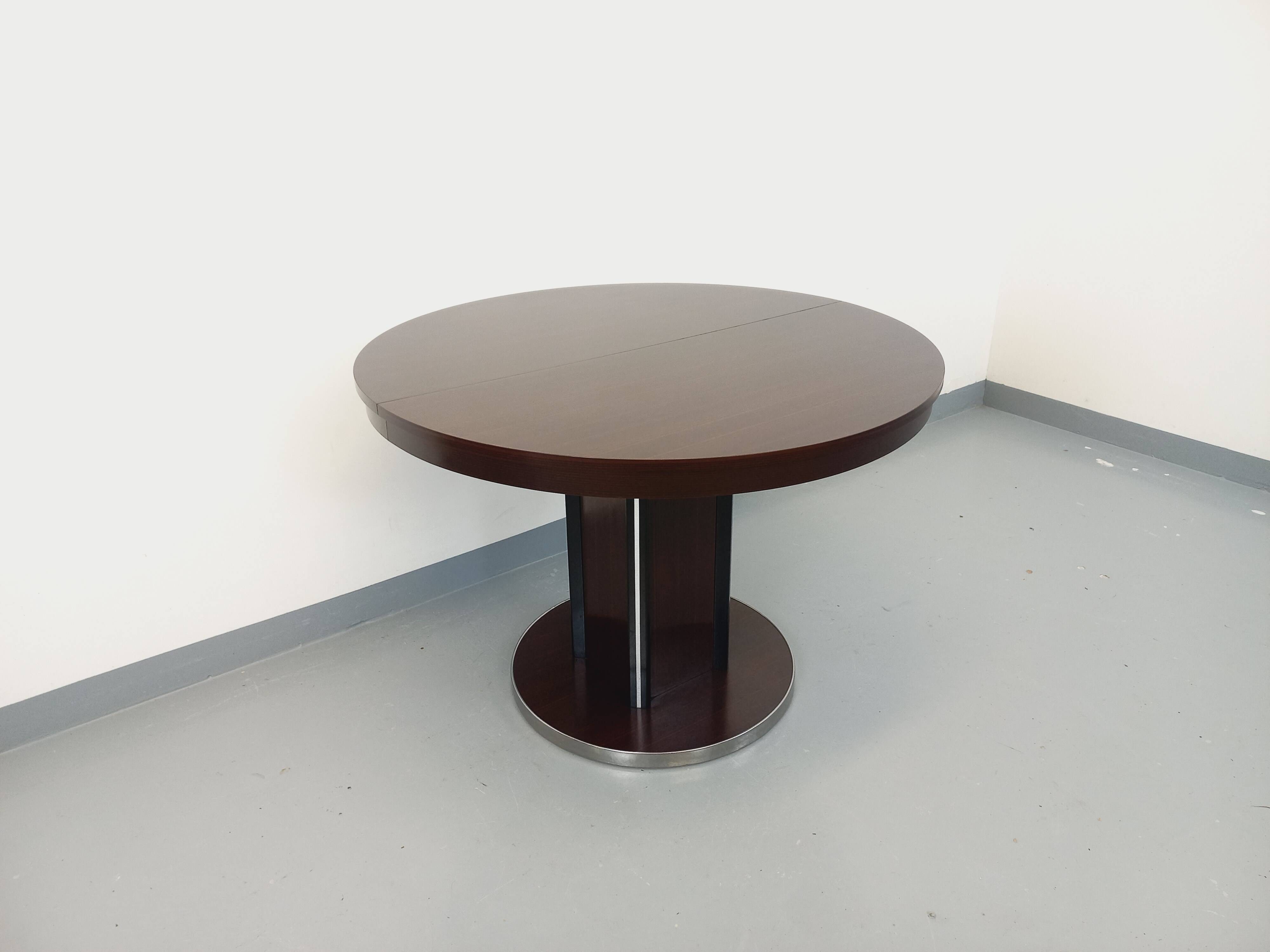 Table ronde de repas vintage en bois d’ébène et métal chromé Space Age