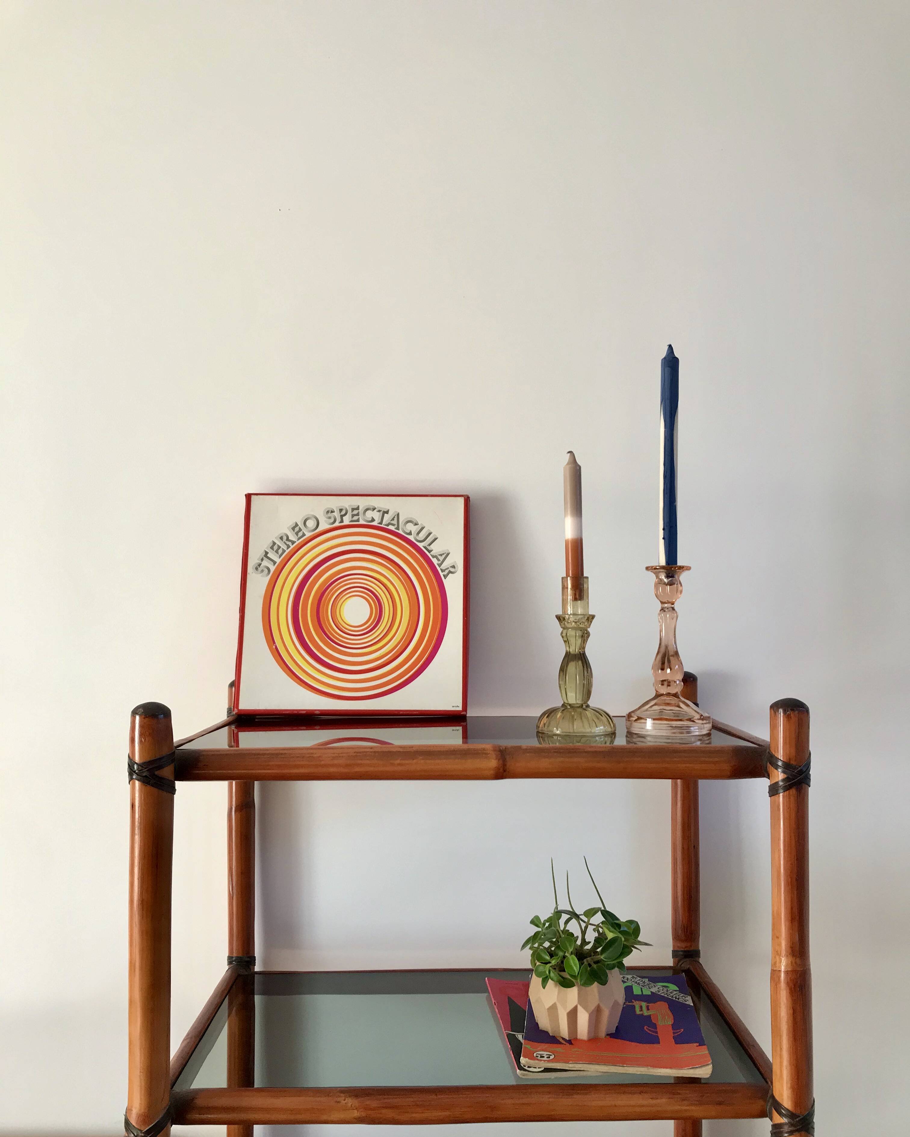 Large rattan shelf, leather strips and smoked glass 70s-80s