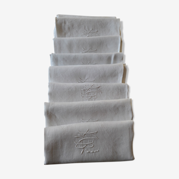 8 serviettes anciennes damassées lin monogramme