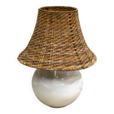 Lampe de table vintage en céramique avec abat-jour en rotin, années 1980