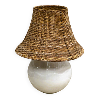 Vintage ceramic table lamp with rattan shade, 1980s
