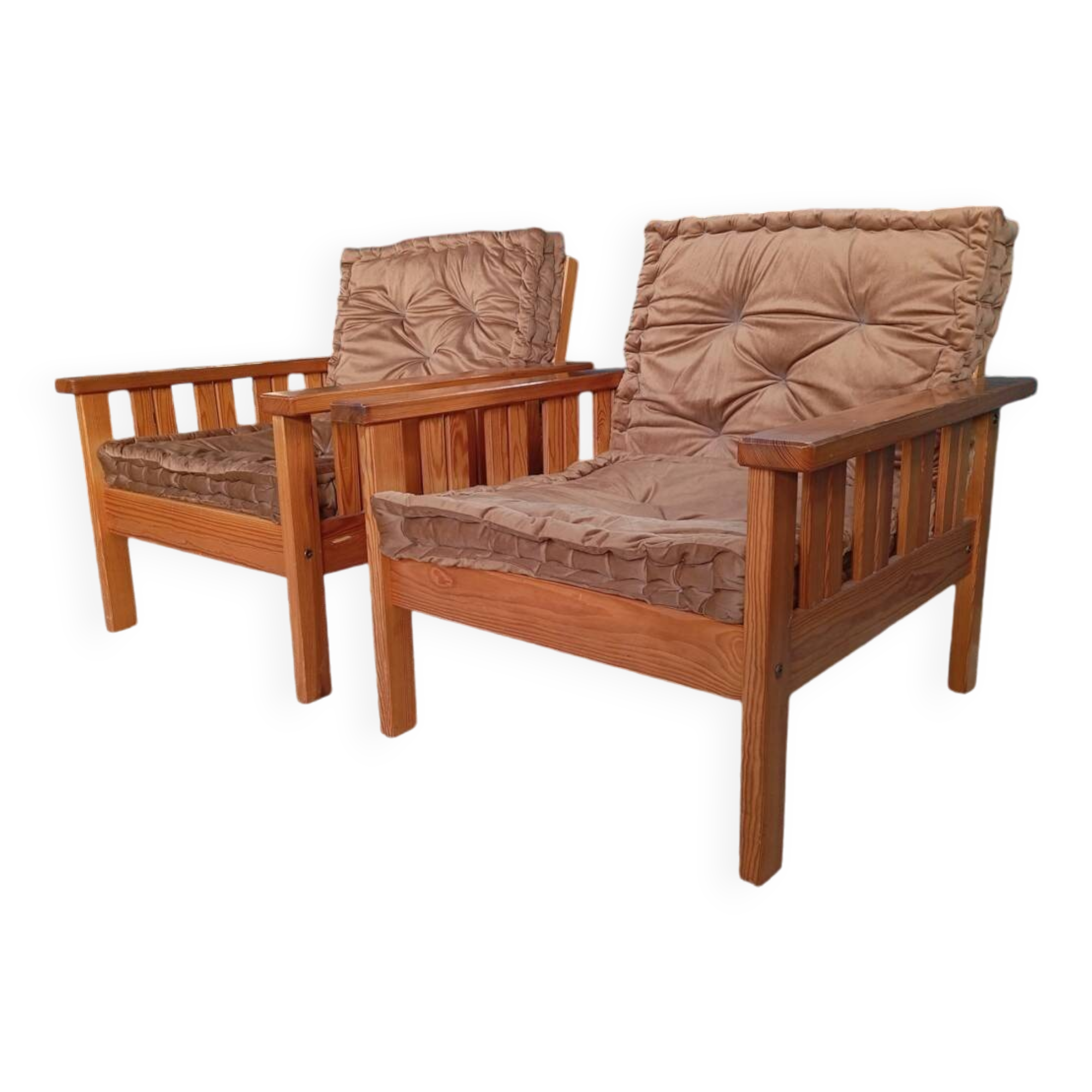 Pair of 70s pine armchairs