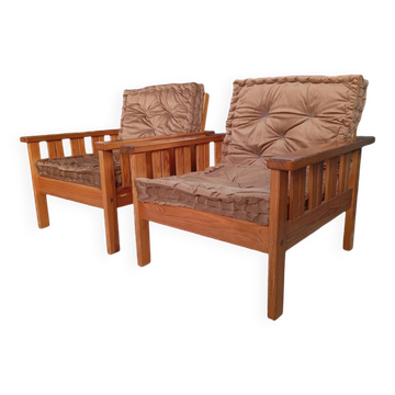 Pair of 70s pine armchairs