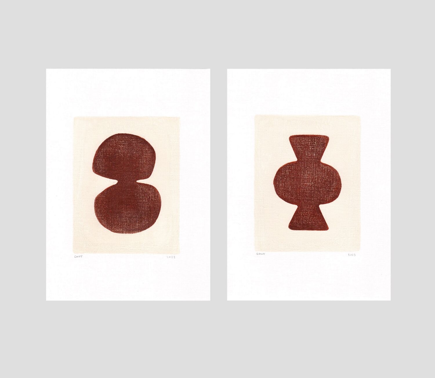 Duo of abstract paintings - dark terracotta - signed Eawy