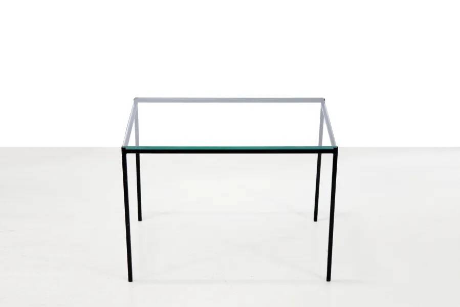 Black minimalist metal side table with glass top, 1960's