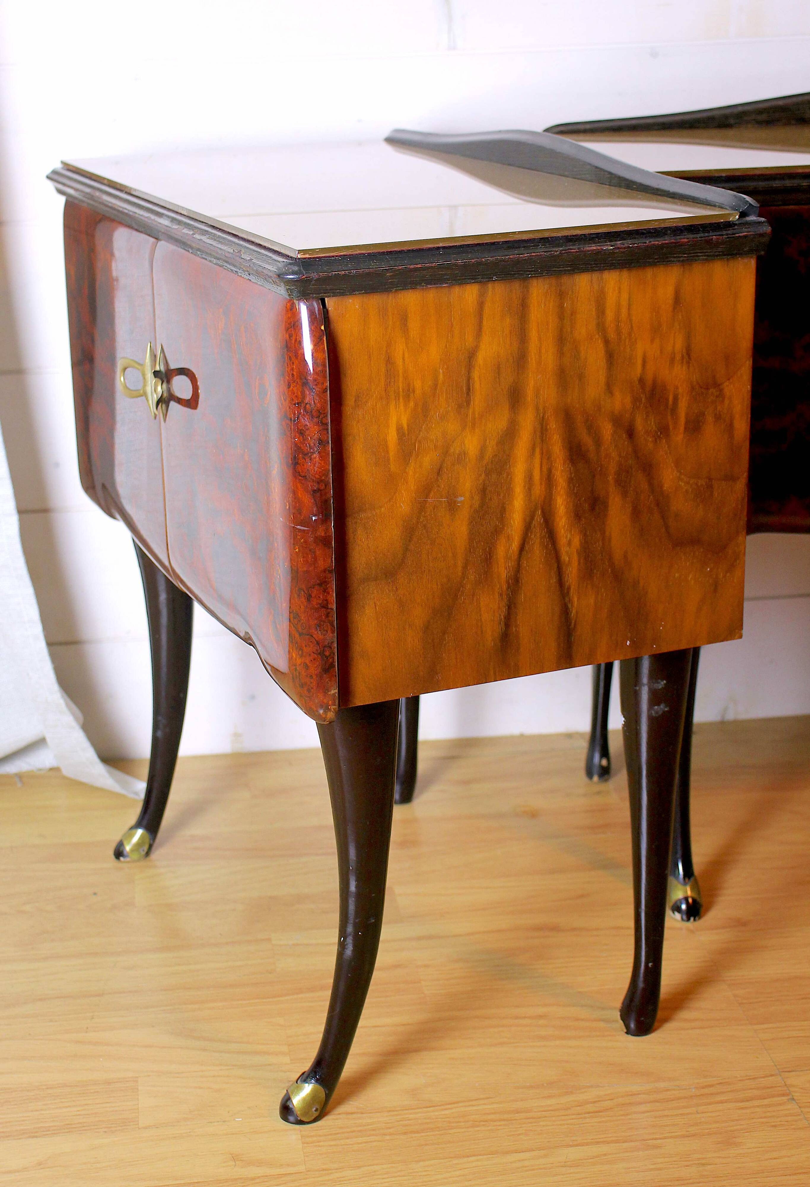 Pair of bedside tables, rosewood and burl walnut, Italy 1950