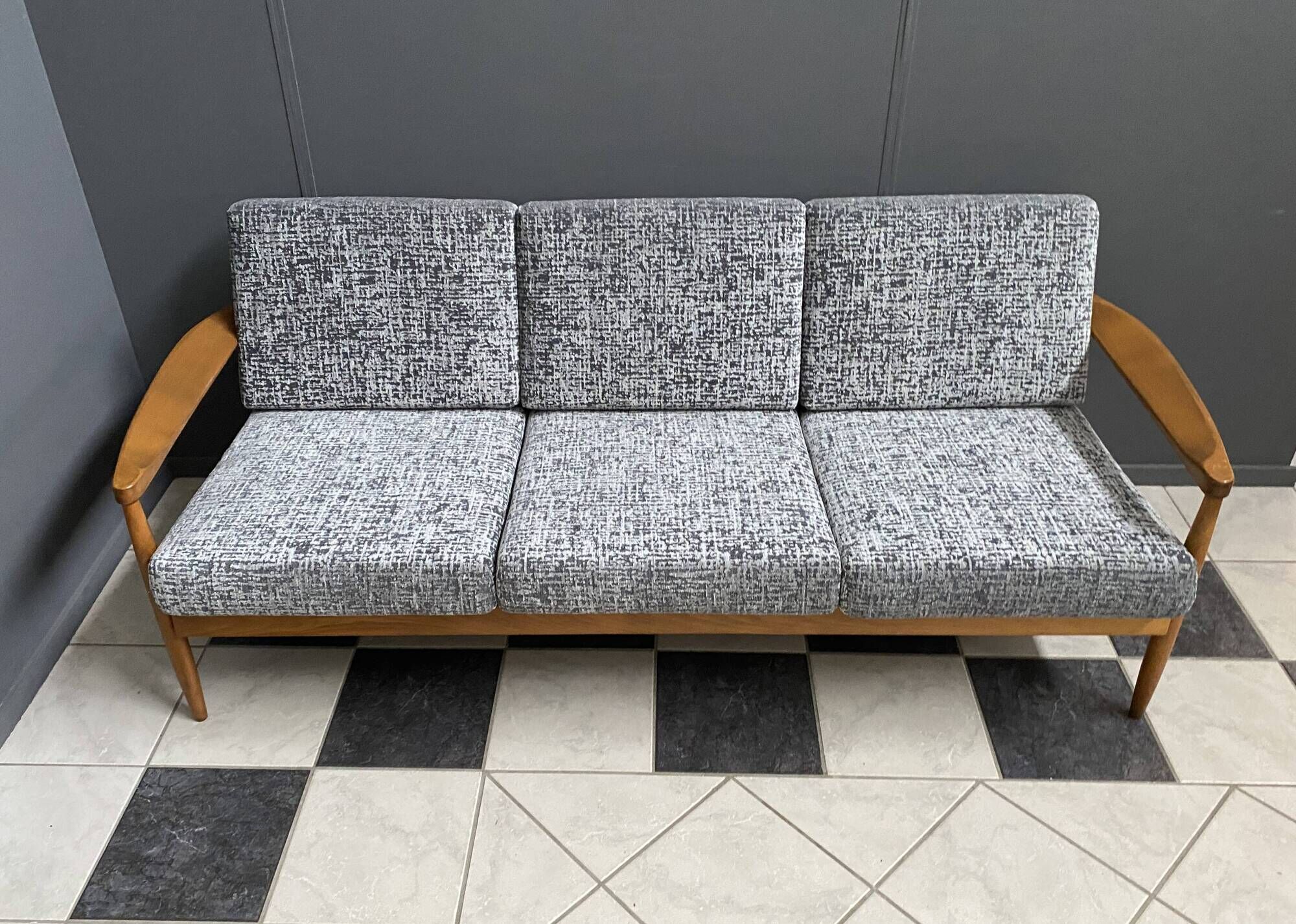 Grey fabric and wood 3 seat sofa 1960s
