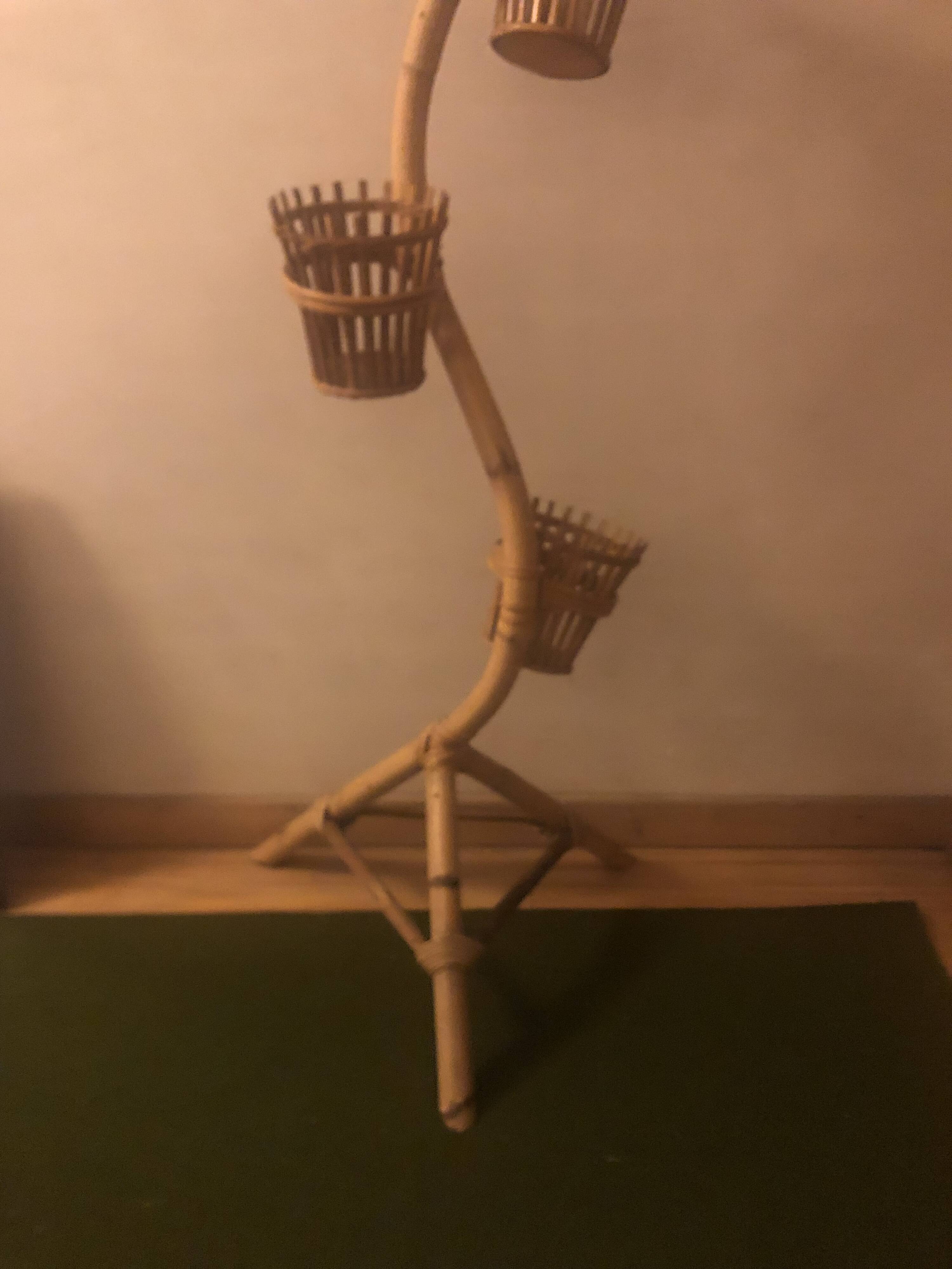 Porte plante serpent vintage années 60 osier bambou rotin