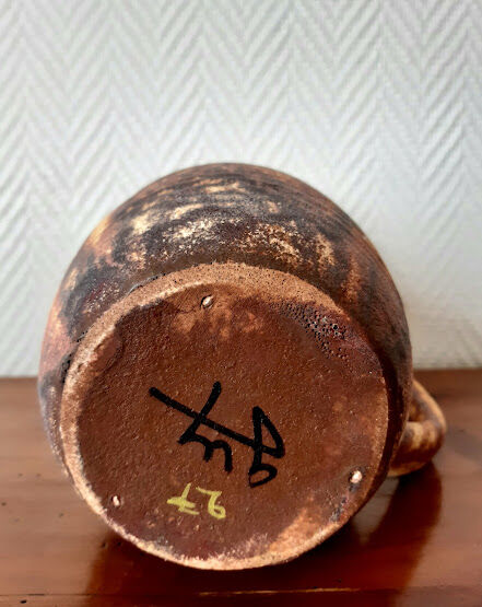 Vintage pitcher in flamed stoneware signed Guy