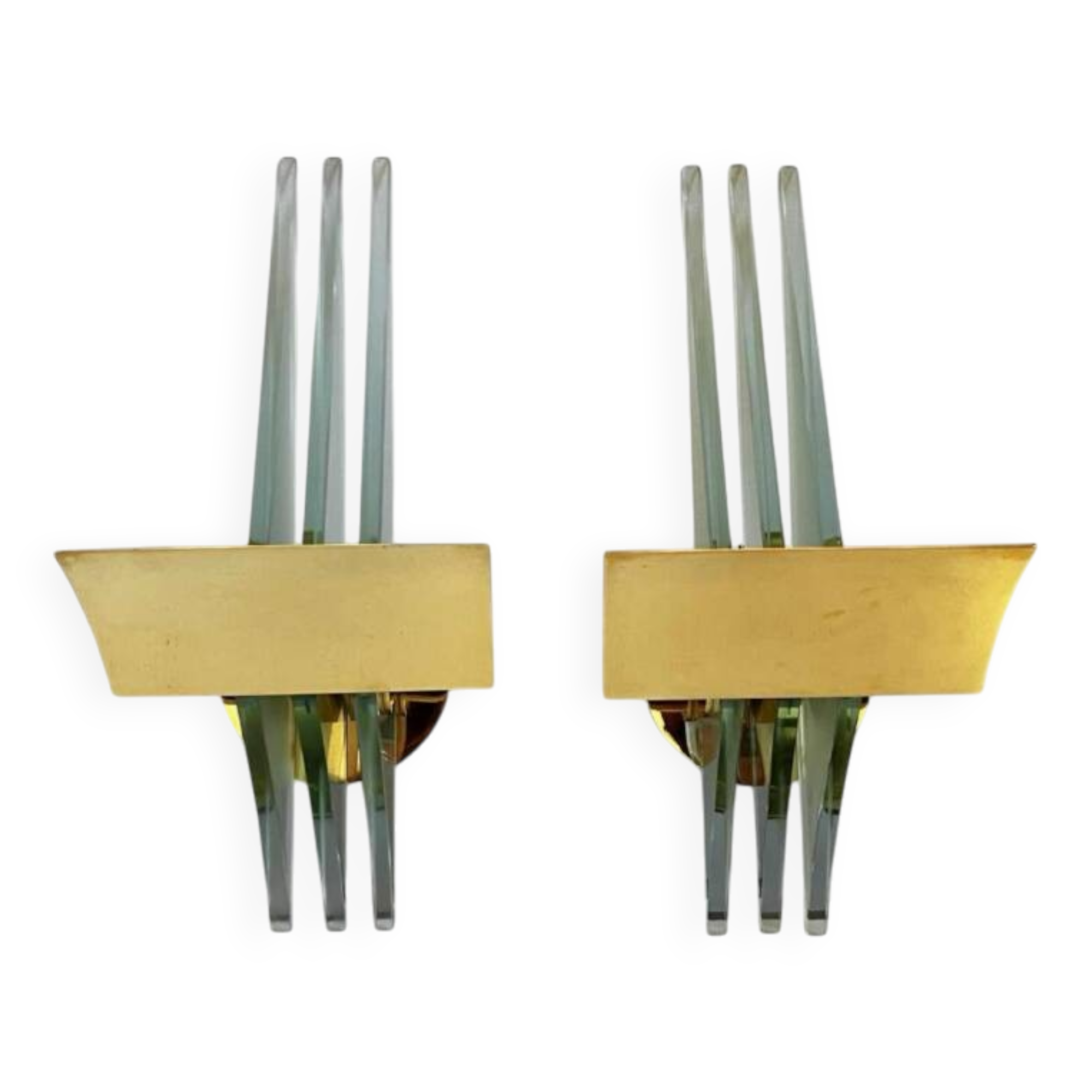 Pair of Hollywood Regency wall lights, bases & reflectors in gilded brass