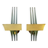 Pair of Hollywood Regency wall lights, bases & reflectors in gilded brass