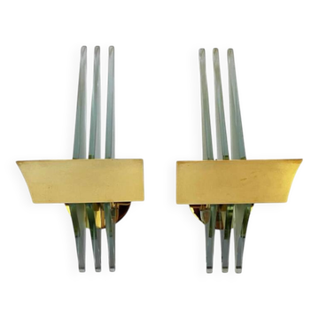 Pair of Hollywood Regency wall lights, bases & reflectors in gilded brass