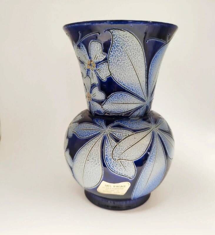 Vintage handmade blue floral decorated stoneware vase from Alsace Betschdorf.