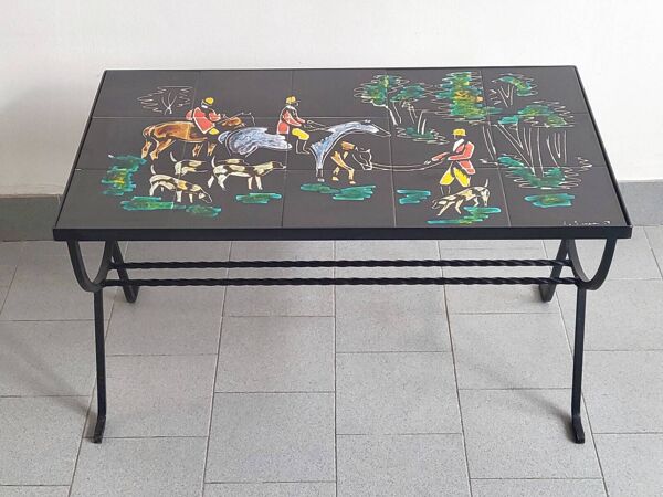 Table basse table d'appoint vintage 1950 ceramique & metal chasse a courre