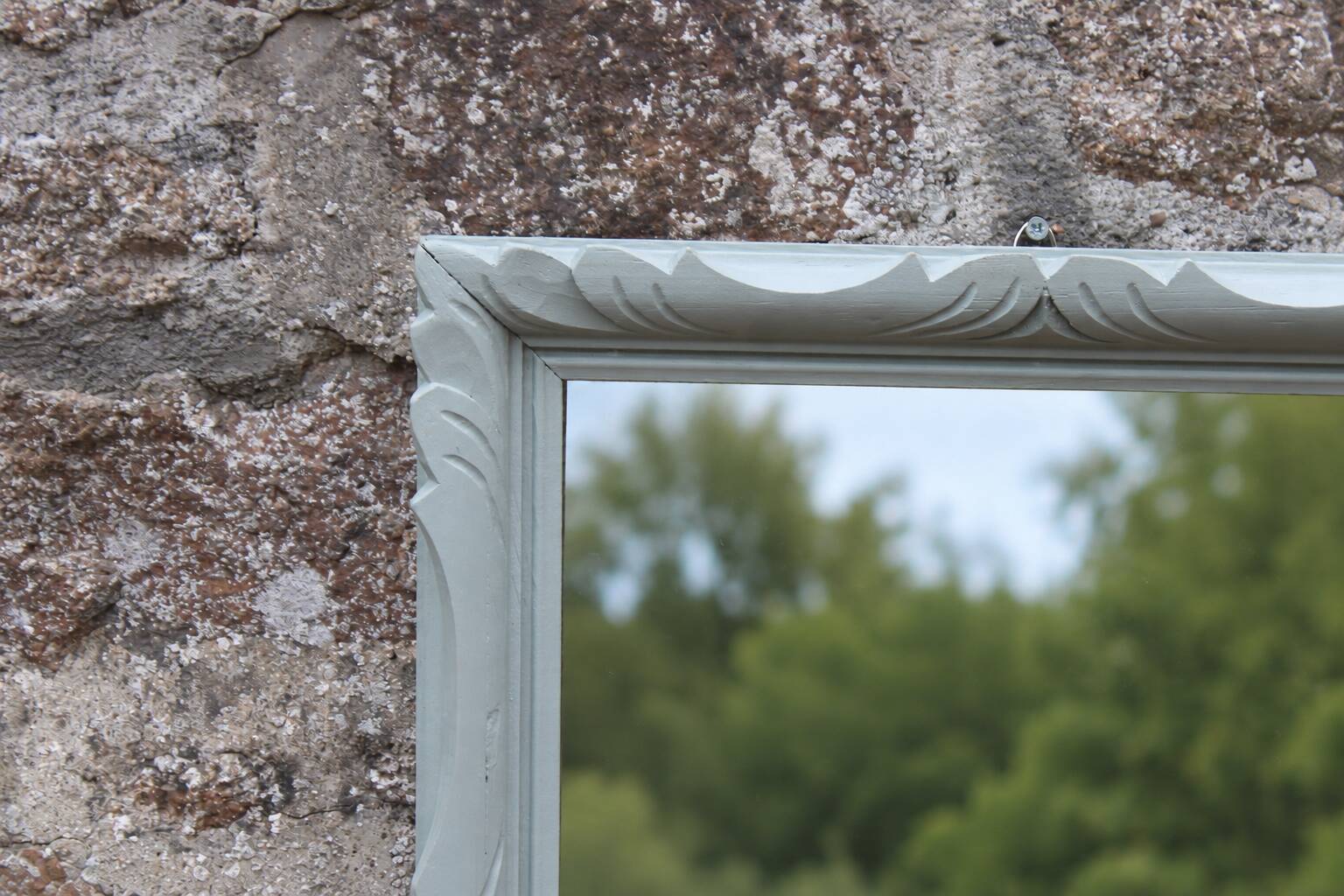 Vintage wall mirror in carved blue-green wood – rococo style – H48 cm