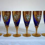 12 cobalt blue and gold Murano glass flutes, mid-20th century.