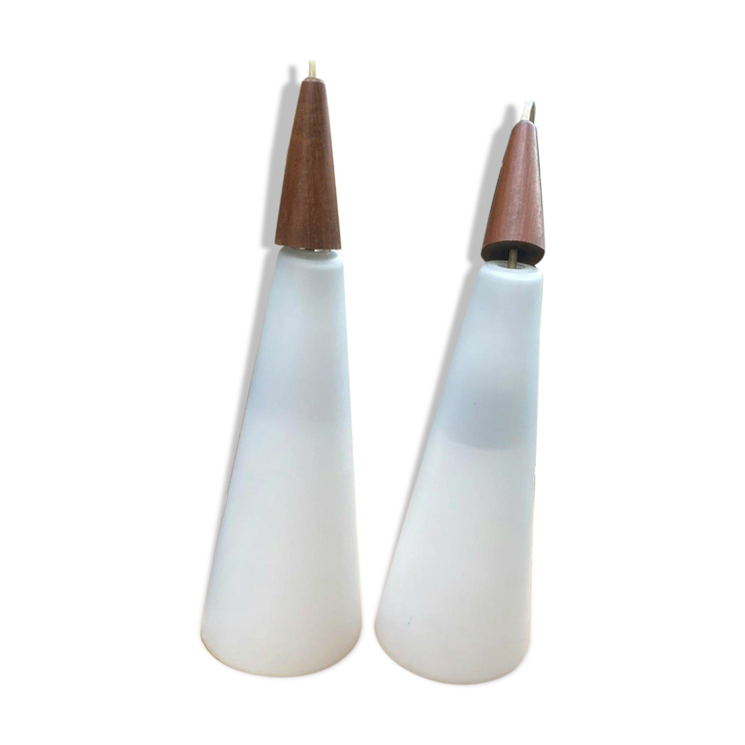 Pair of vintage opaline and teak pendant lamps