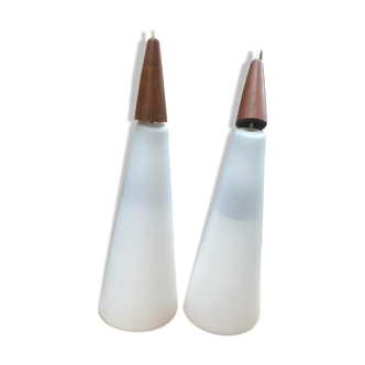 Pair of vintage opaline and teak pendant lamps