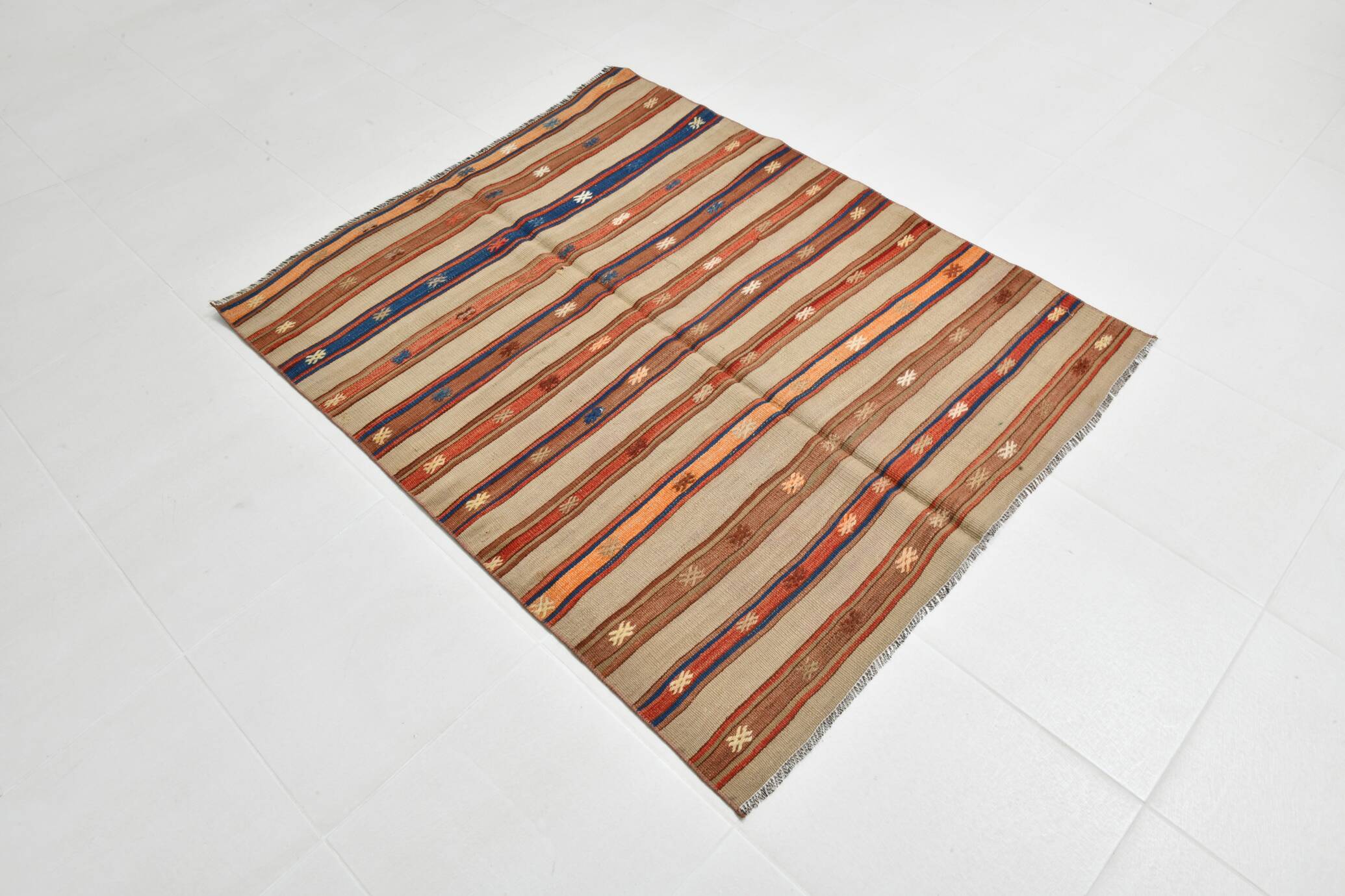 Beige & Orange Striped Wool Kilim Rug, 120x146 Cm