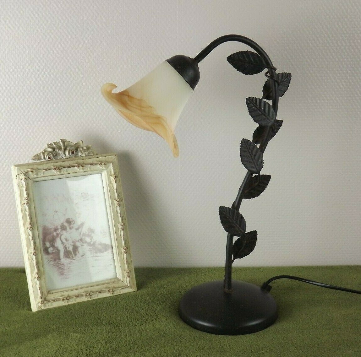 Vintage French Black Tole ware Table Lamp With Leaf Decoration Amber Shade 3059