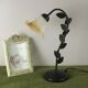 Vintage French Black Tole ware Table Lamp With Leaf Decoration Amber Shade 3059