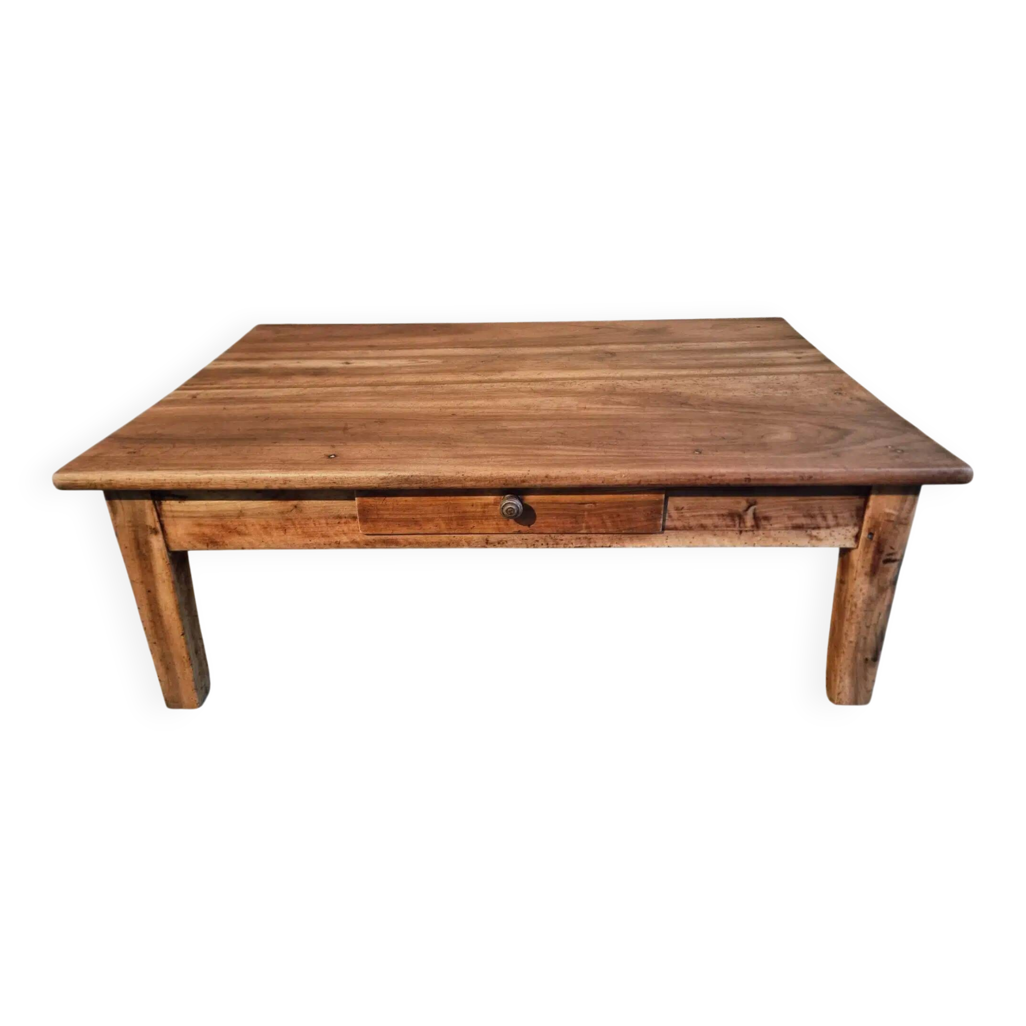 Table basse ancienne française en noyer avec tiroir – XIXe siècle, vers 1850