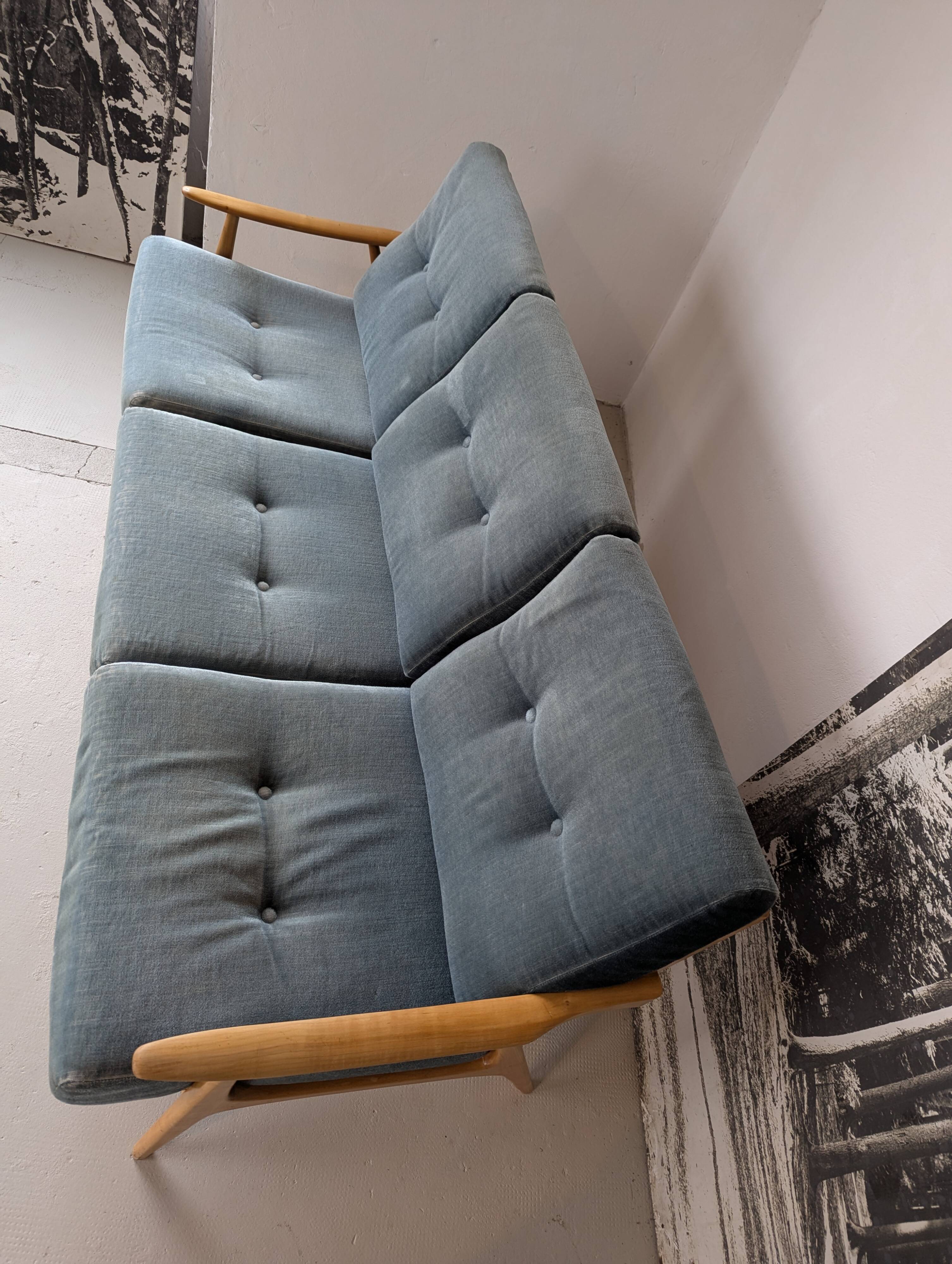 Banquette velours et bois clair, scandinave vers 1960/70