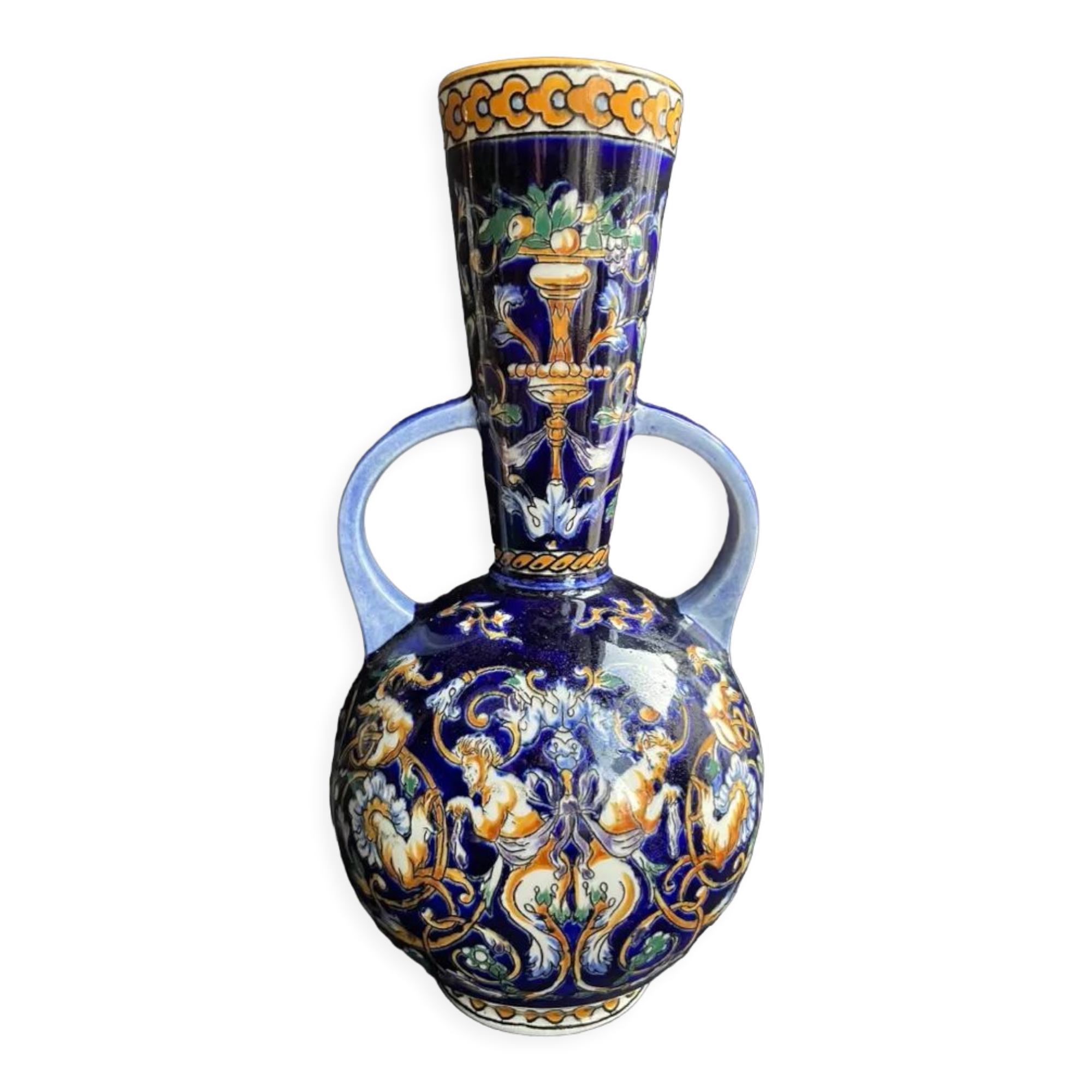 Vase with 2 handles earthenware gien decoration italian renaissance stamped