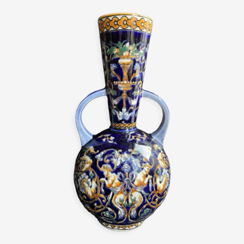 Vase à 2 anses faïence de gien décor renaissance italienne estampillé