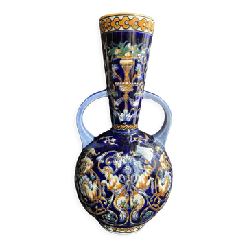 Vase with 2 handles earthenware gien decoration italian renaissance stamped