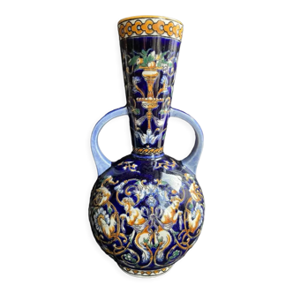 Vase à 2 anses faïence de gien décor renaissance italienne estampillé