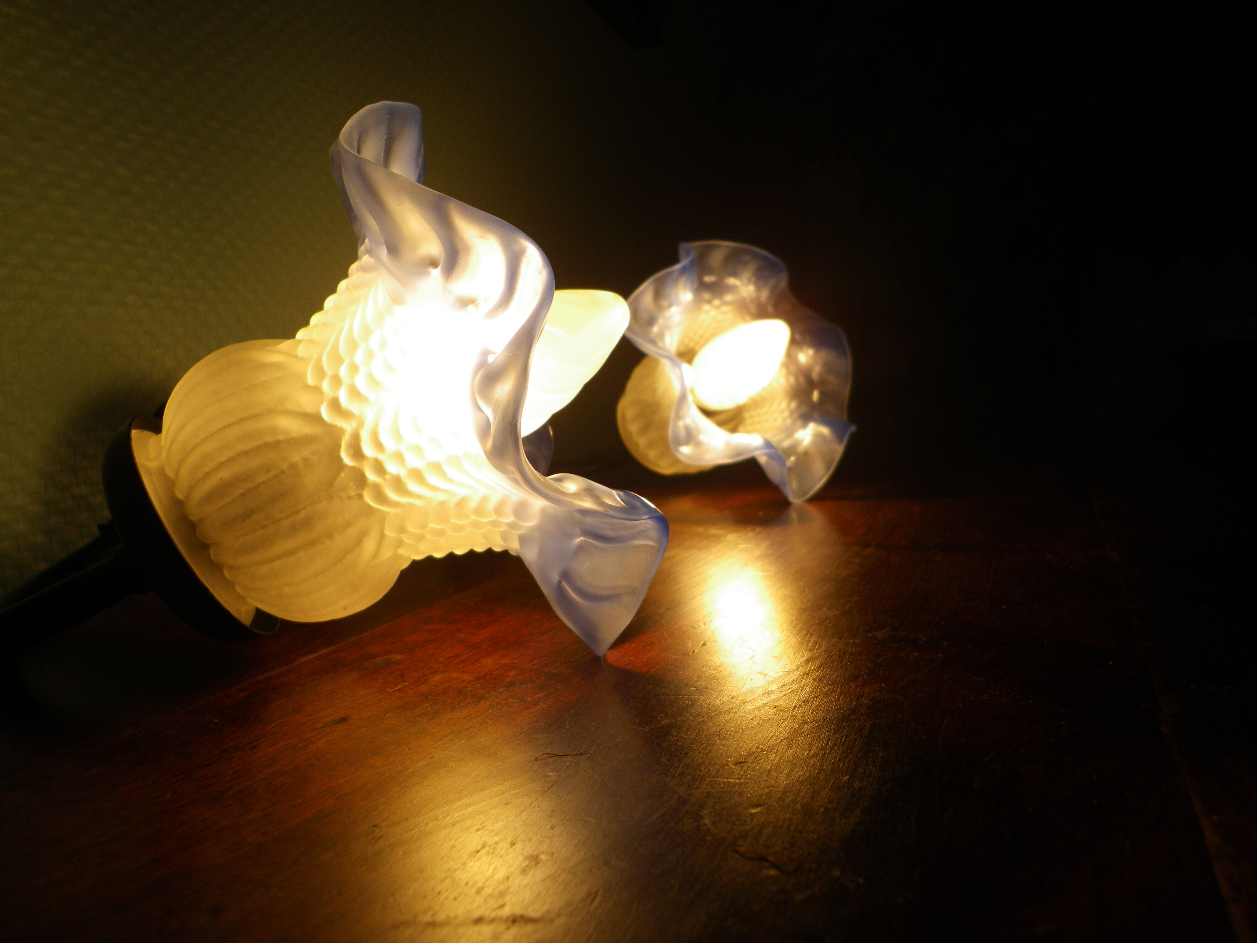 Wall sconces with opalines in the shape of corollas and black metal support