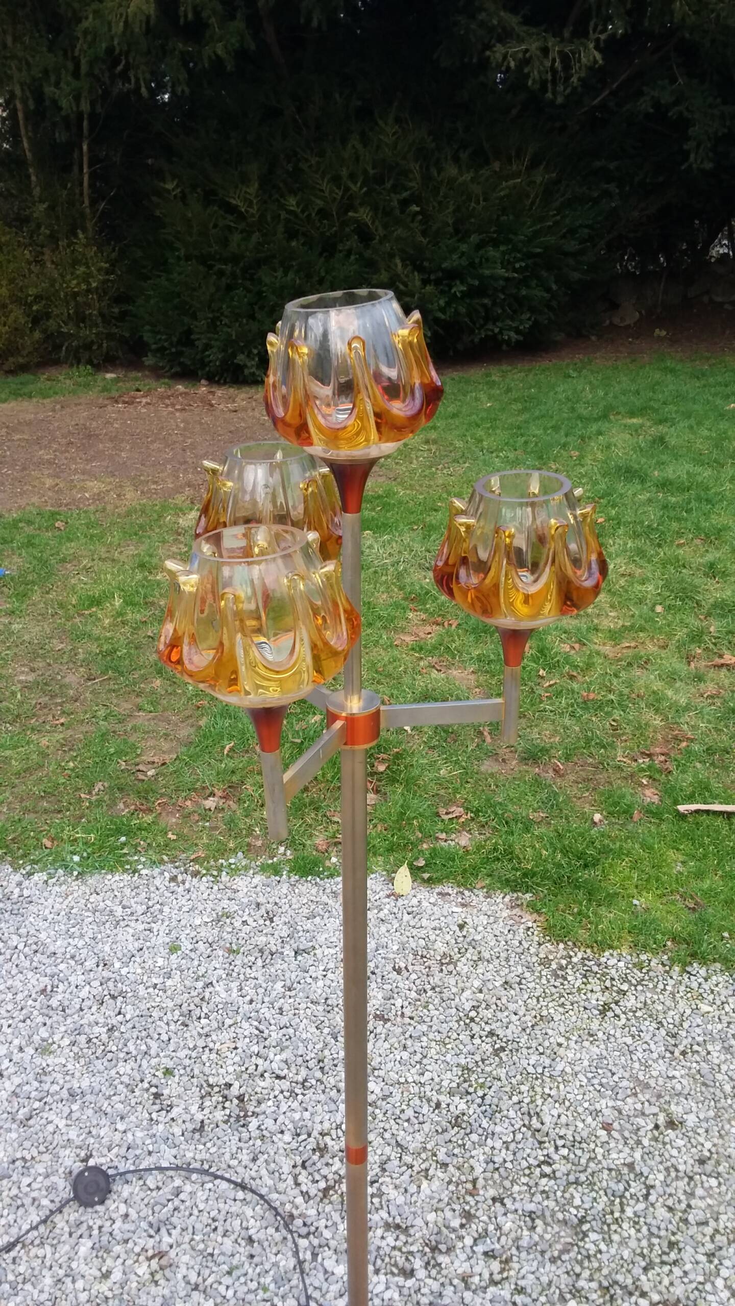 1970s design floor lamp in gold and orange chrome metal with 4 glass tulips