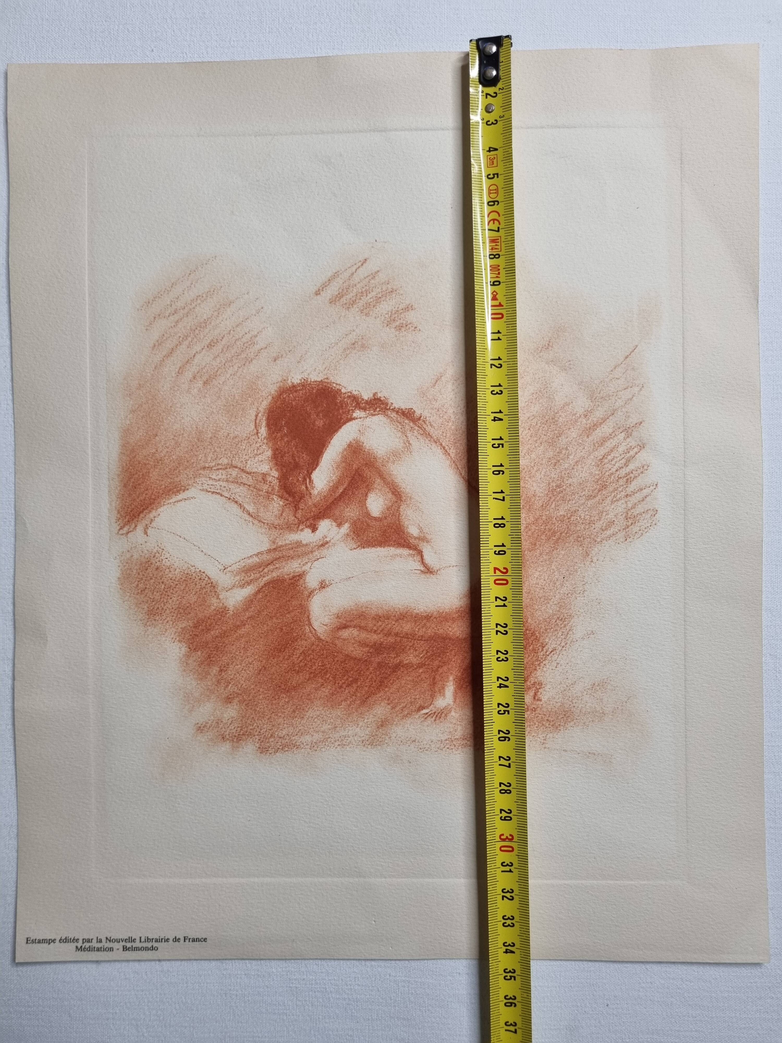Print "Nude crouching on the pillow" in sanguine after Paul Belmondo, 29 x 34.5 cm