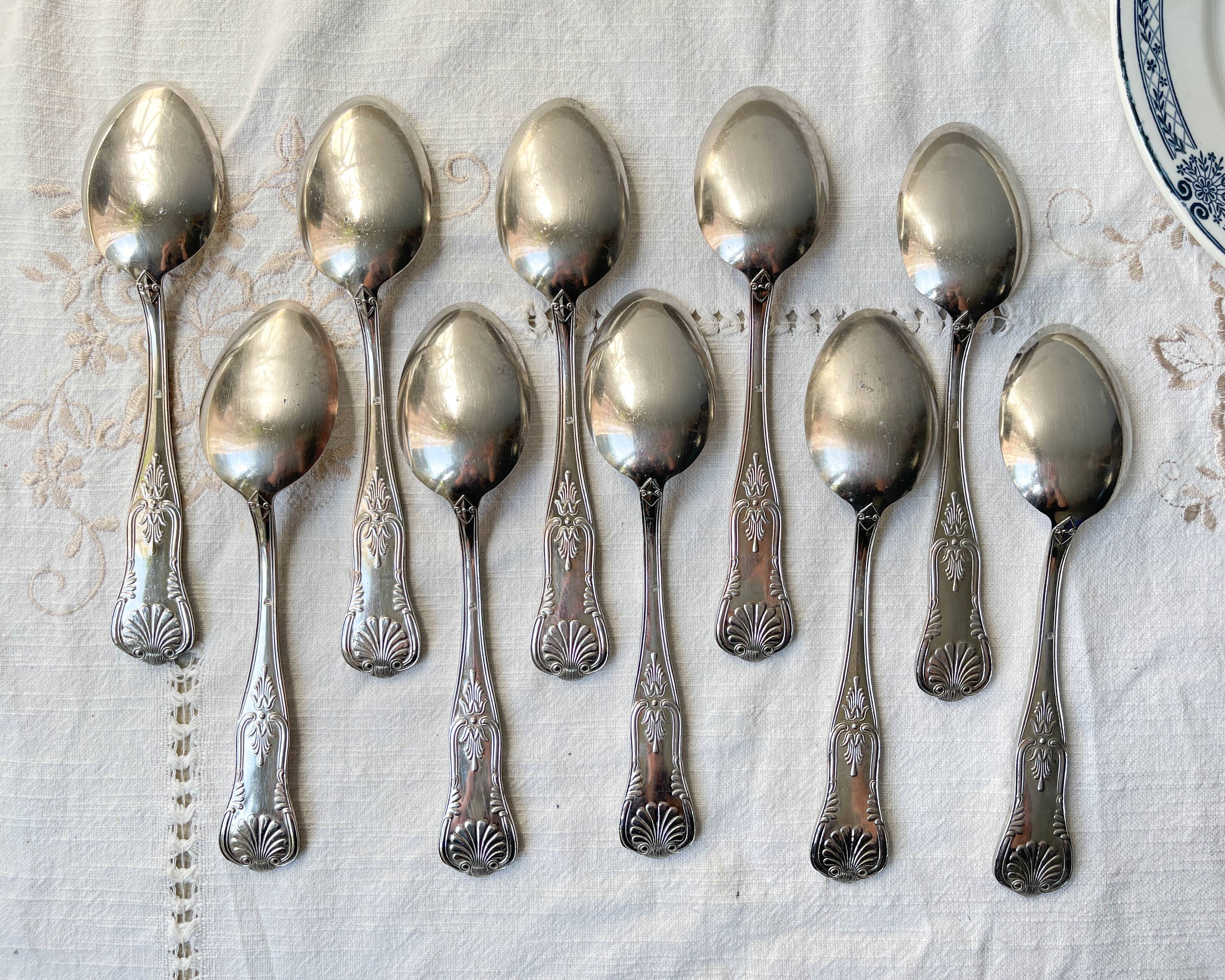 10 Vintage Rocaille Style Metal Soup Spoons
