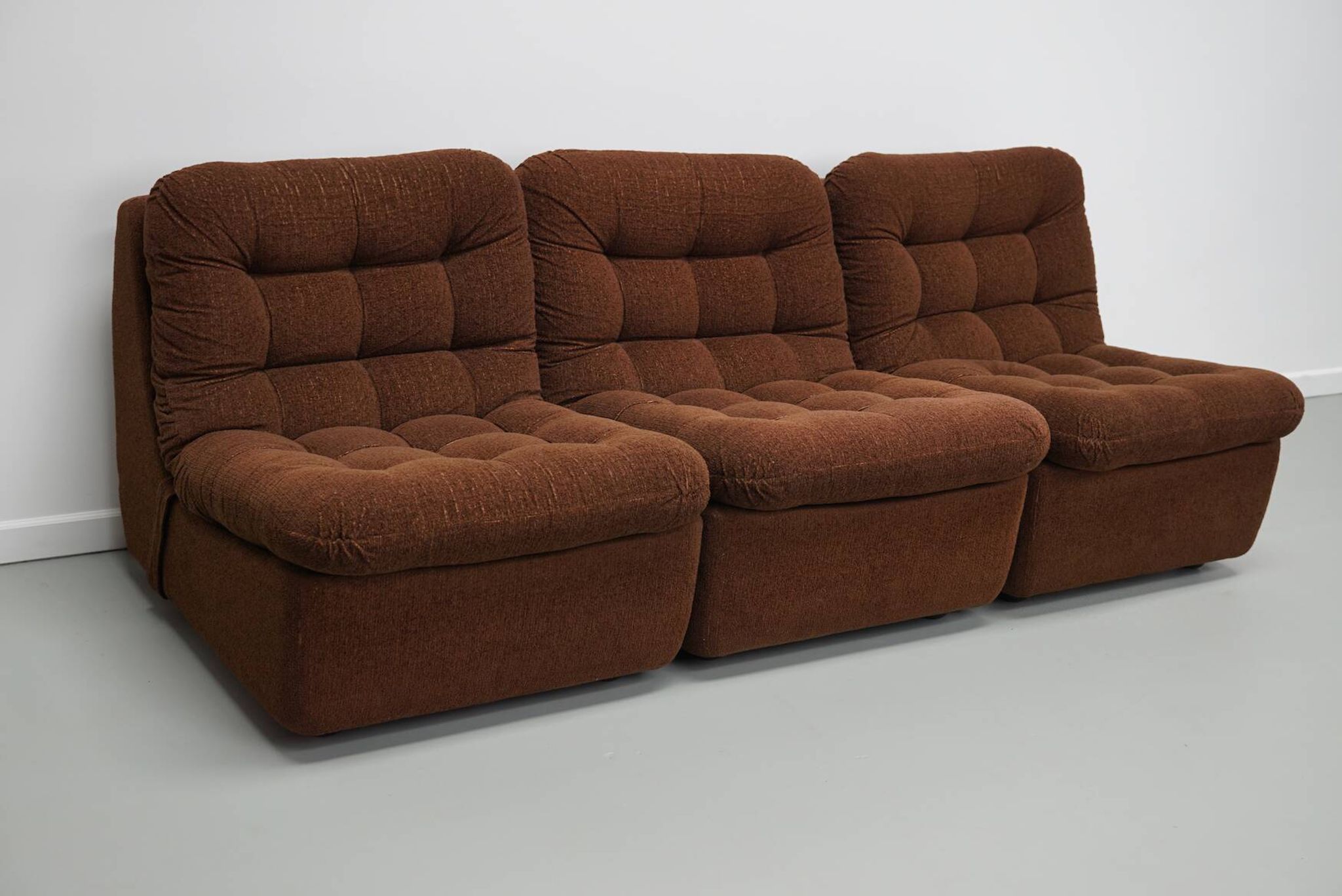 Vintage German brown boucle modular 3-seater sofa, 1970s.