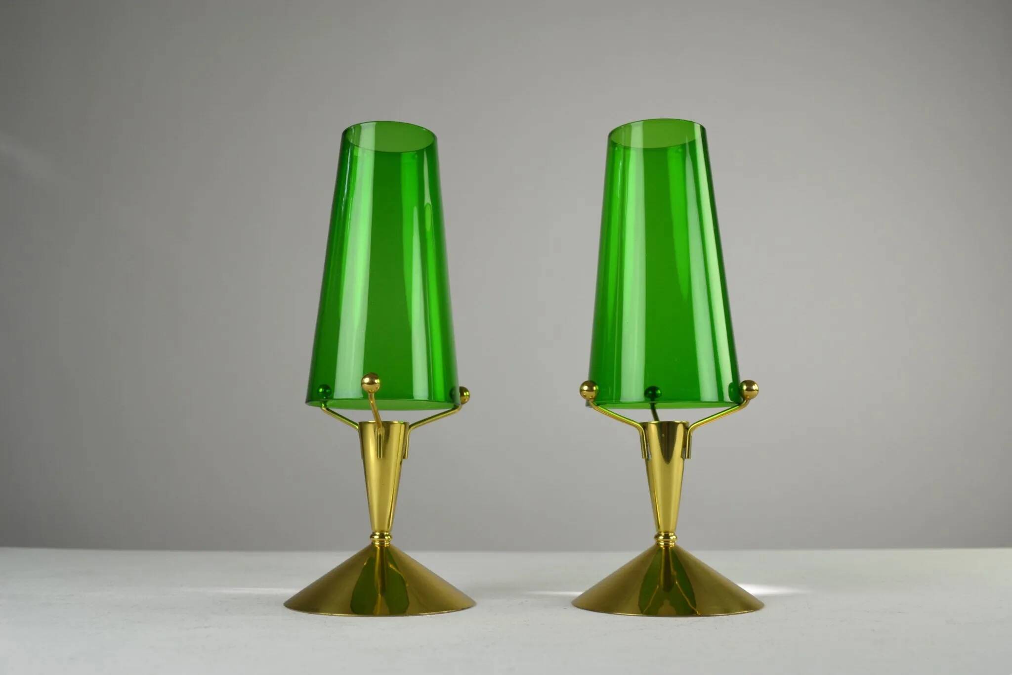 Pair of Brass & Green Glass Candleholders — Gunnar Ander for Ystad-Metall, Sweden, 1960s