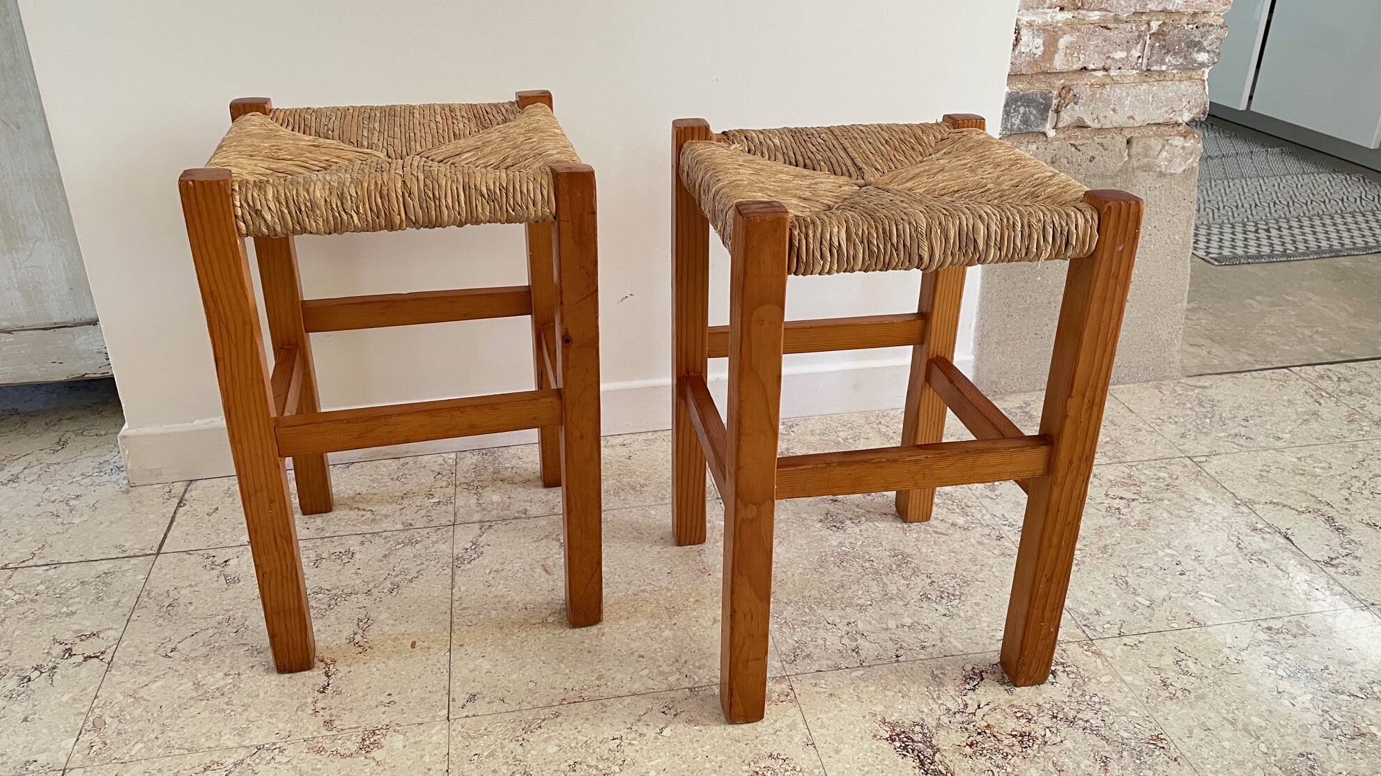 Pair of vintage wooden and straw stools