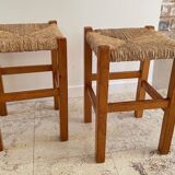 Pair of vintage wooden and straw stools