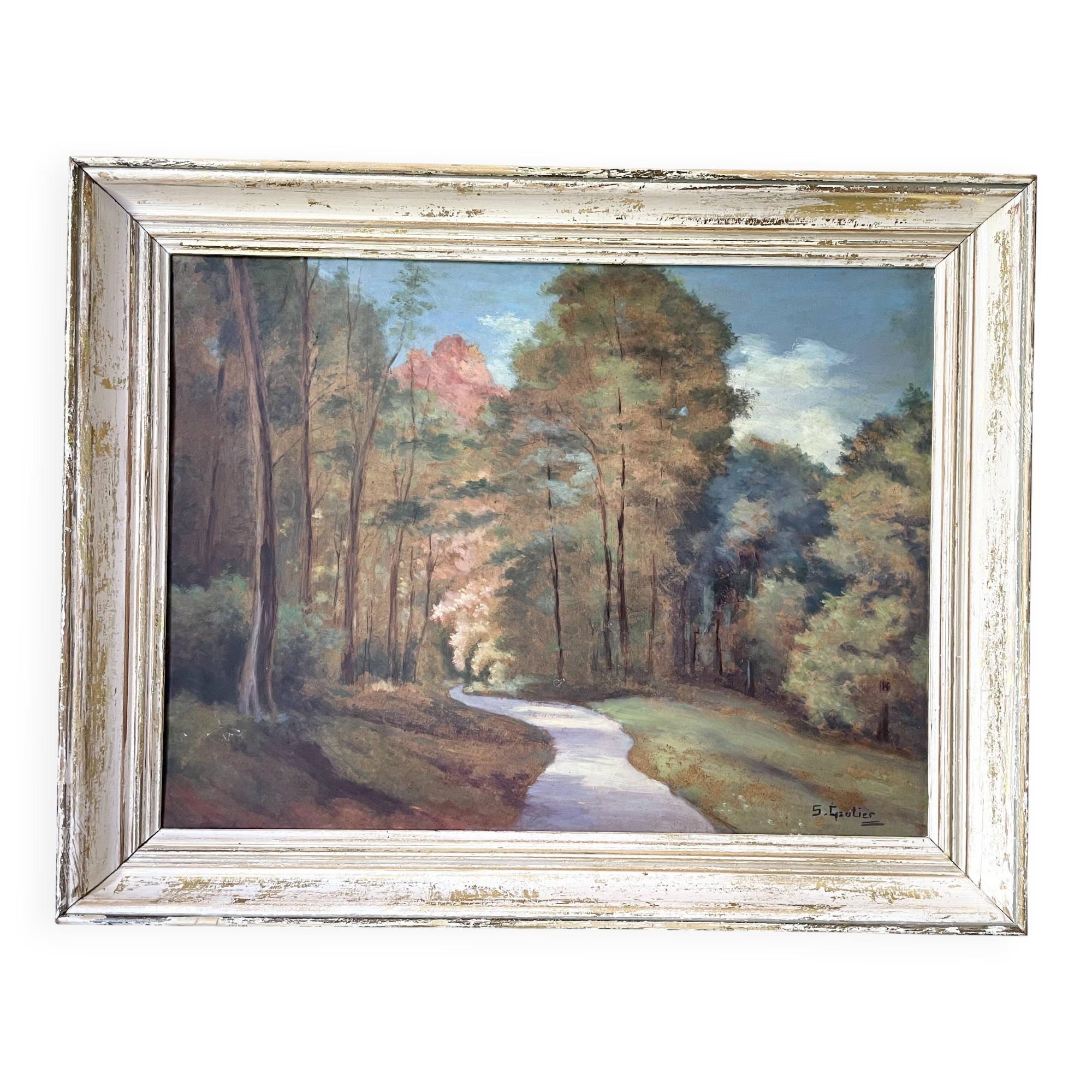 Antique painting of a forest landscape signed S.Gautier
