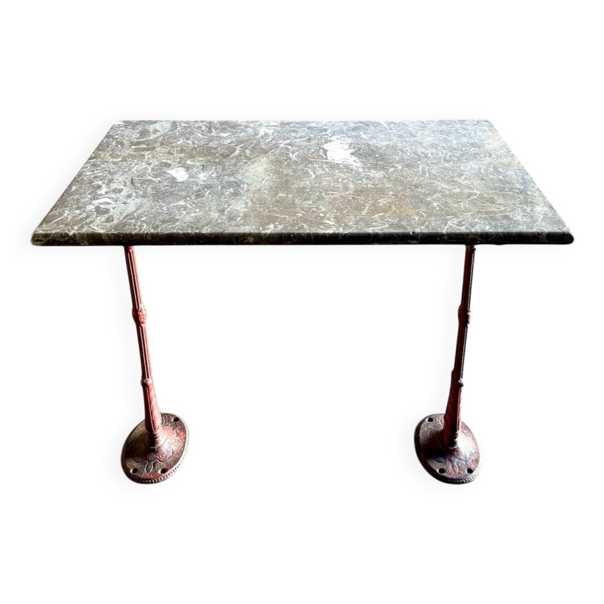 Grey marble and burgundy cast iron bistro table ☐ 85 x 57 cm