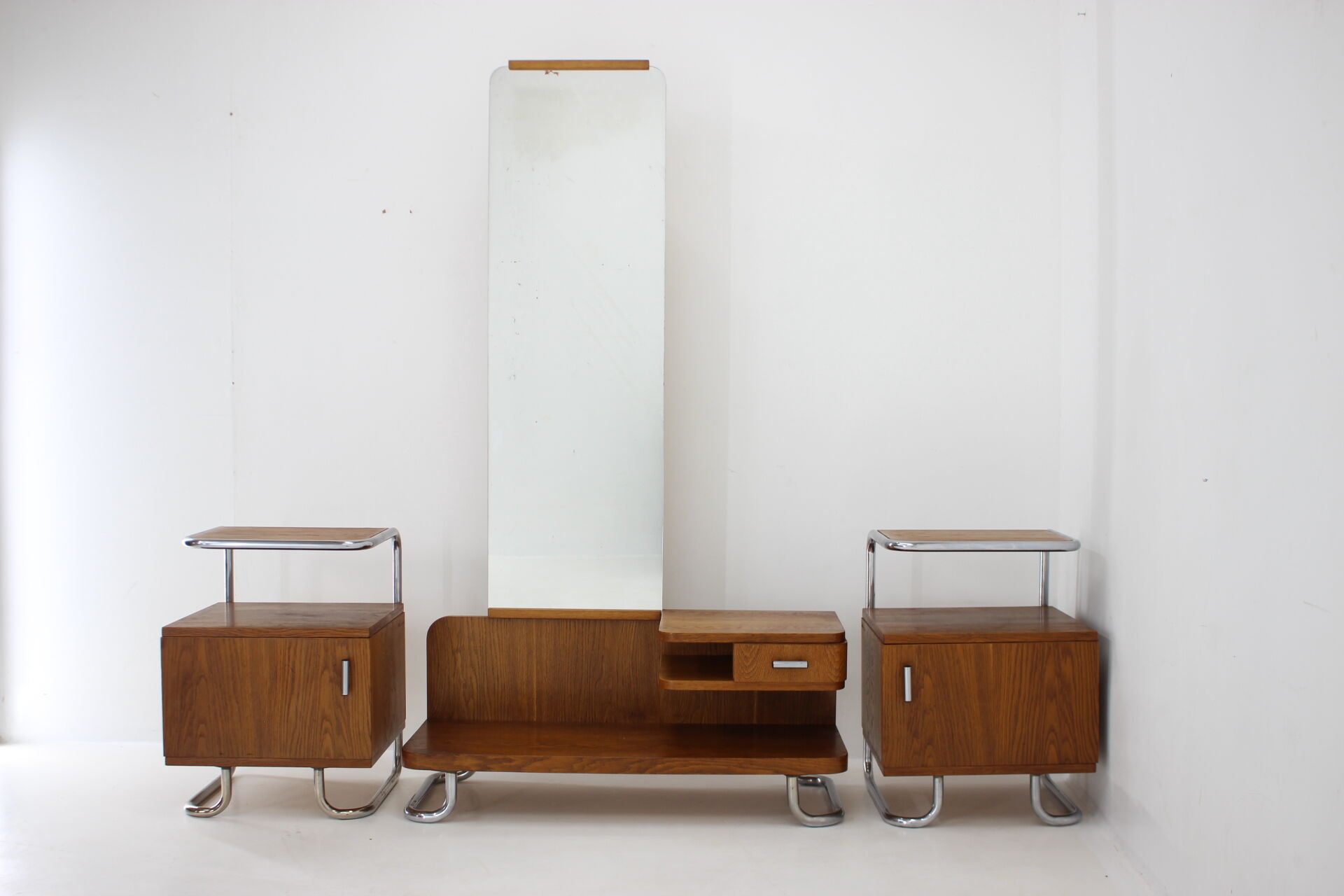 1950s Set of  Oak Bauhaus Mirror Cabinet and Bedside Tables, Czechoslovakia