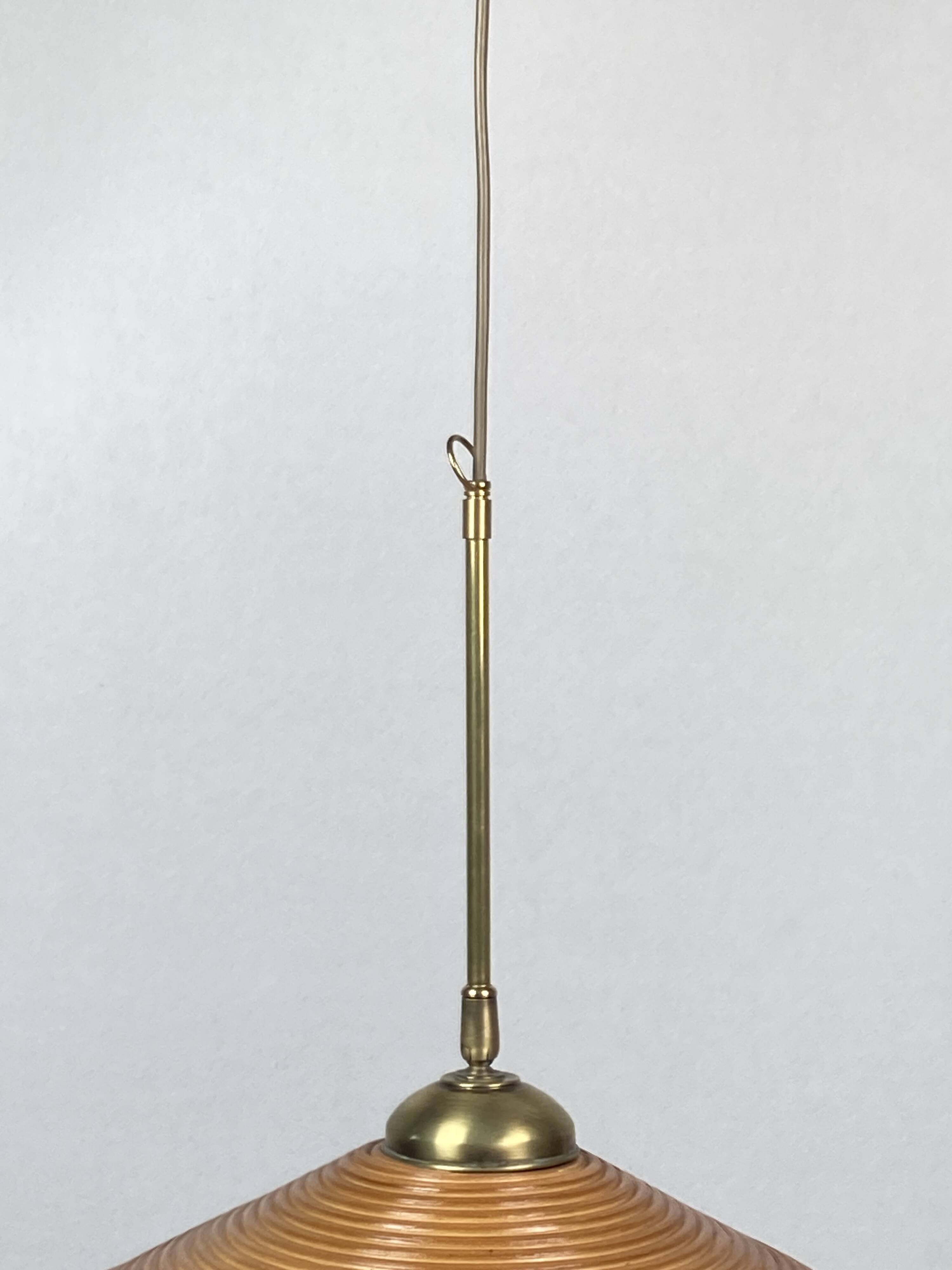 Pencil split reed, rattan, bamboo & brass pendant lamp, italy, 1970s